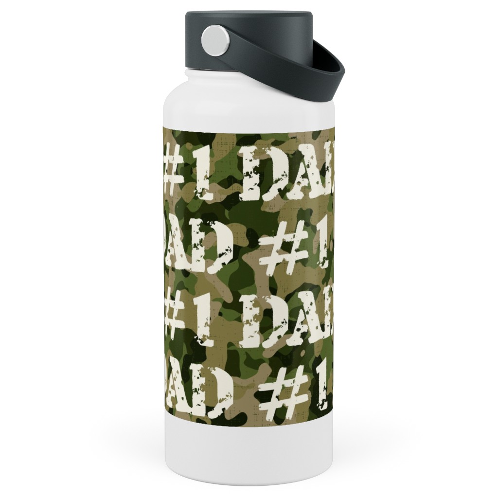 Number One Dad - Green Camo Stainless Steel Wide Mouth Water Bottle, 30oz, Wide Mouth, Green