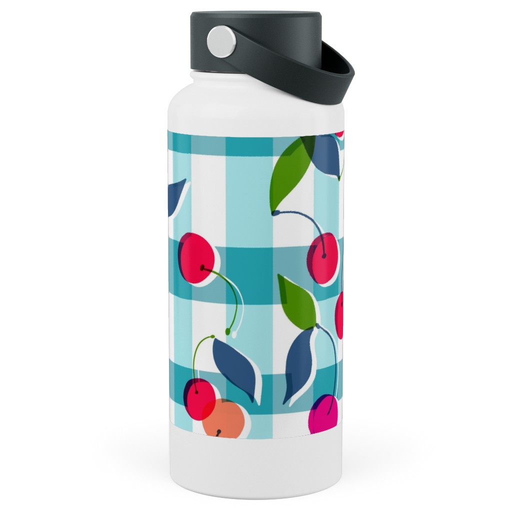 Cherry Gingham - Blue Stainless Steel Wide Mouth Water Bottle, 30oz, Wide Mouth, Blue, True Blue