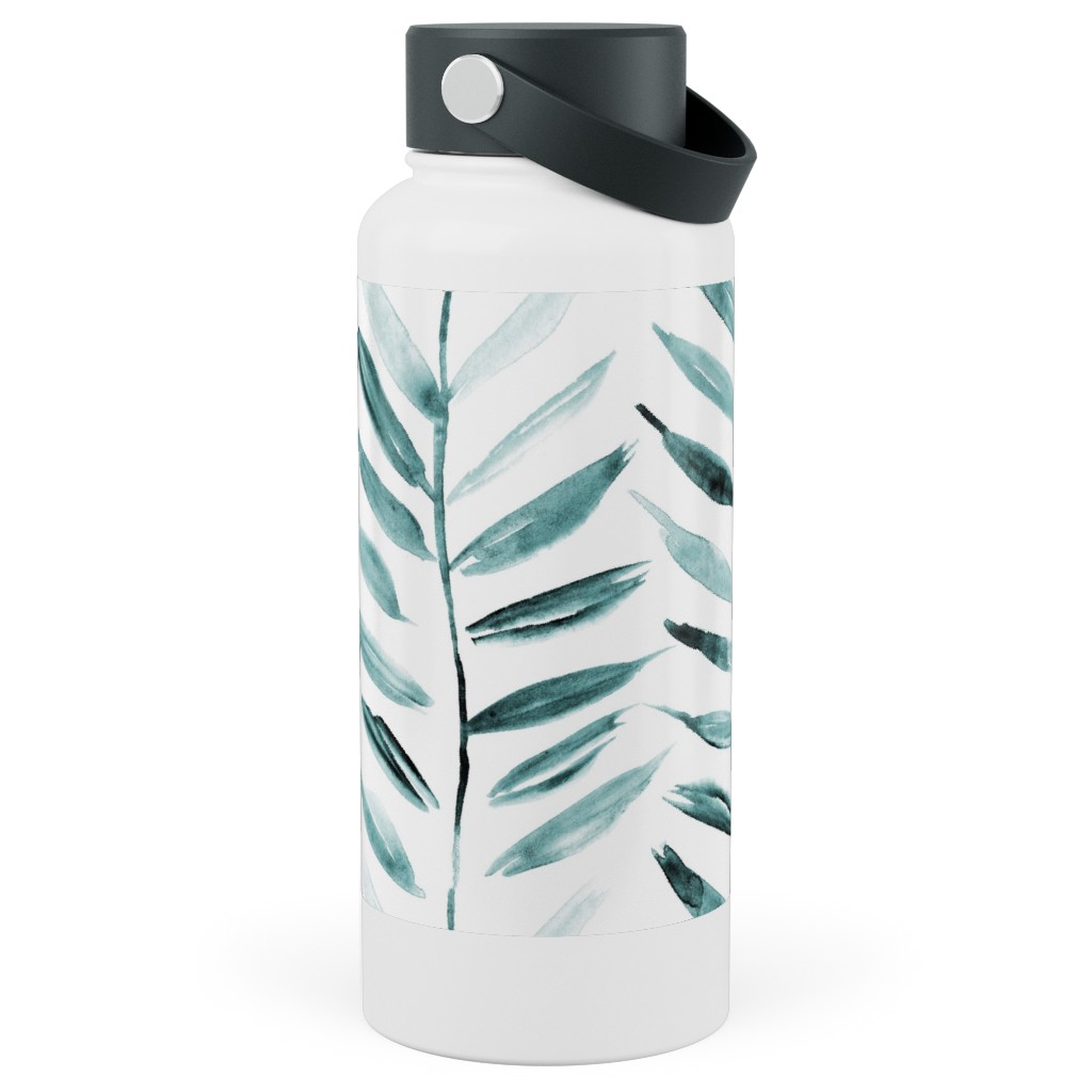 Leaves Herringbone - Watercolor Nature - Emerald Stainless Steel Wide Mouth Water Bottle, 30oz, Wide Mouth, Green