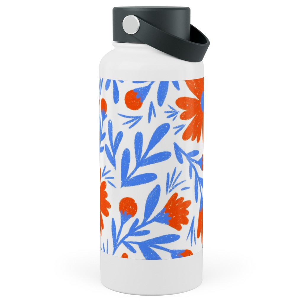 Floral Drop - Red and Blue Stainless Steel Wide Mouth Water Bottle, 30oz, Wide Mouth, Blue