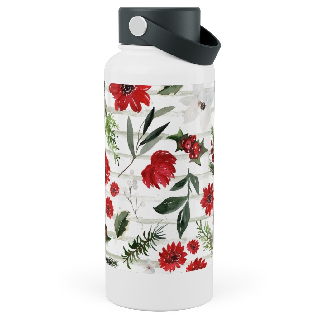 Jolly Christmas Florals - Mint Sage Stripes Stainless Steel Wide Mouth Water Bottle, 30oz, Wide Mouth, Multicolor