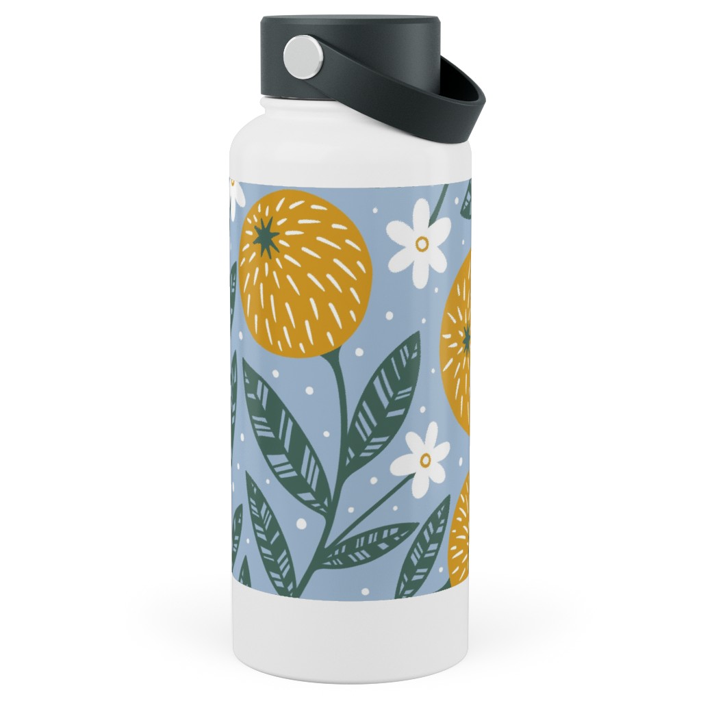 Orange Trees - Blue Stainless Steel Wide Mouth Water Bottle, 30oz, Wide Mouth, Blue, True Blue