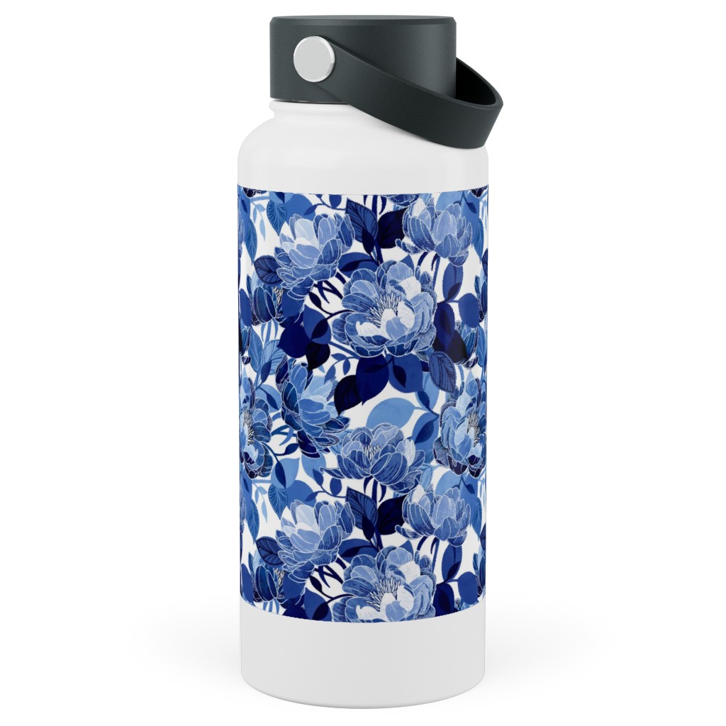 Chintz Peonies - Blue Stainless Steel Wide Mouth Water Bottle, 30oz, Wide Mouth, Blue