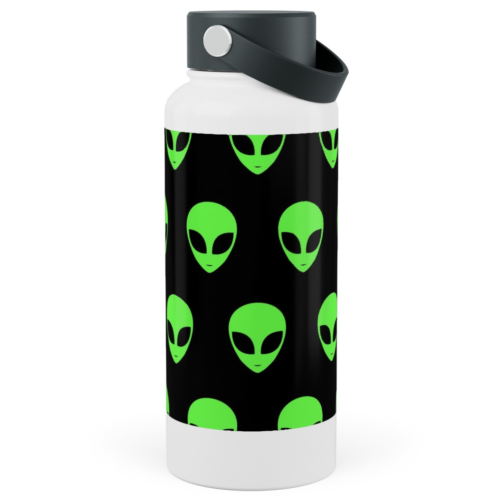Retro Alien - Neon Green and Black Stainless Steel Wide Mouth Water Bottle, 30oz, Wide Mouth, Green