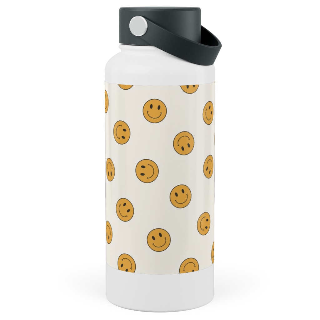 Retro Smiley Face - Cream and Yellow Stainless Steel Wide Mouth Water Bottle