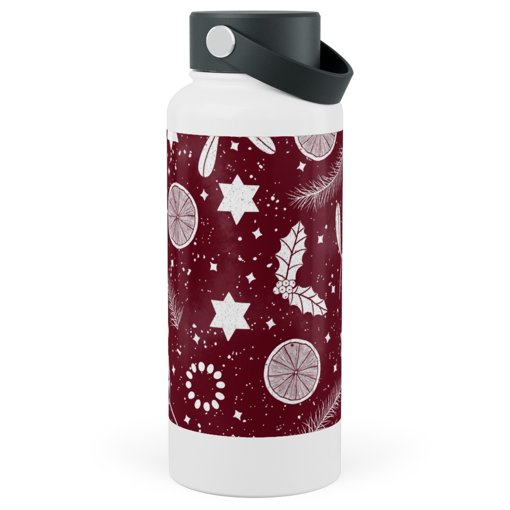 Festive Christmas Print Stars, Mistletoe, Orange, Holly and Pine Branch on Burgundy Stainless Steel Wide Mouth Water Bottle, 30oz, Wide Mouth, Red, Red