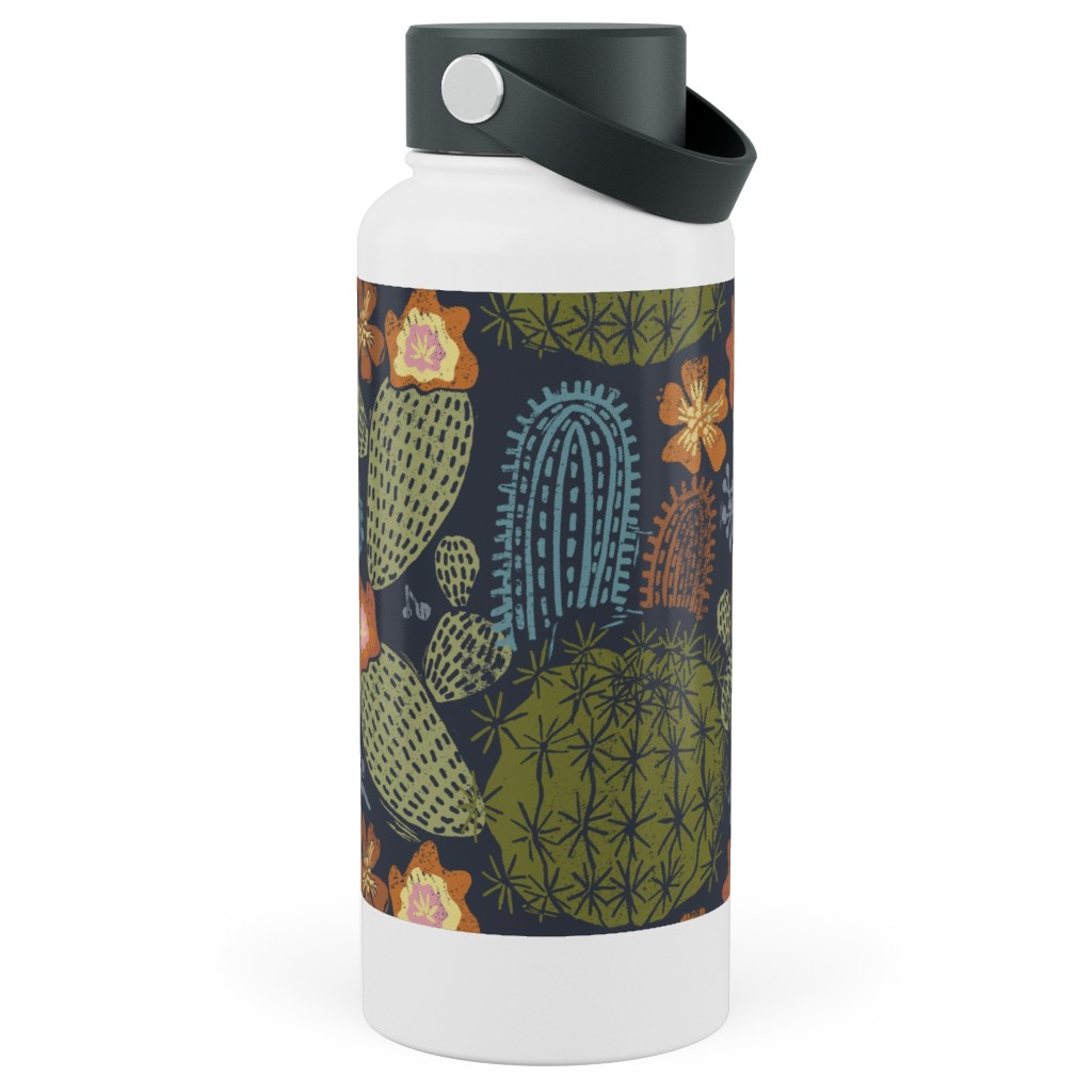 Cactus Garden - Block Print Style - Dark Stainless Steel Wide Mouth Water Bottle, 30oz, Wide Mouth, Green