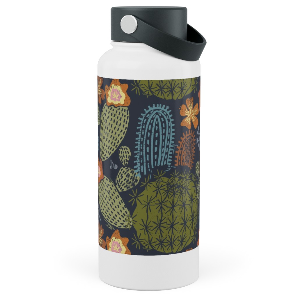 Cactus Garden - Block Print Style - Dark Stainless Steel Wide Mouth Water Bottle, 30oz, Wide Mouth, Green, Classic Green