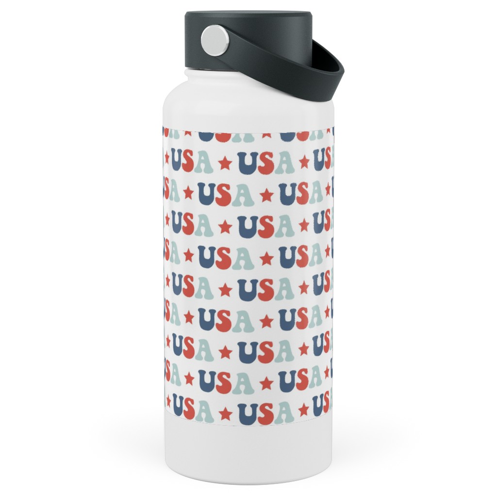 Usa - Groovy Vintage - Red White Blue Stainless Steel Wide Mouth Water Bottle, 30oz, Wide Mouth, Multicolor