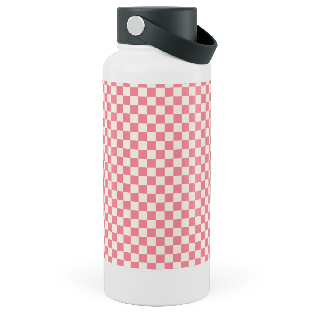 Checkered - Pink Stainless Steel Wide Mouth Water Bottle, 30oz, Wide Mouth, Pink
