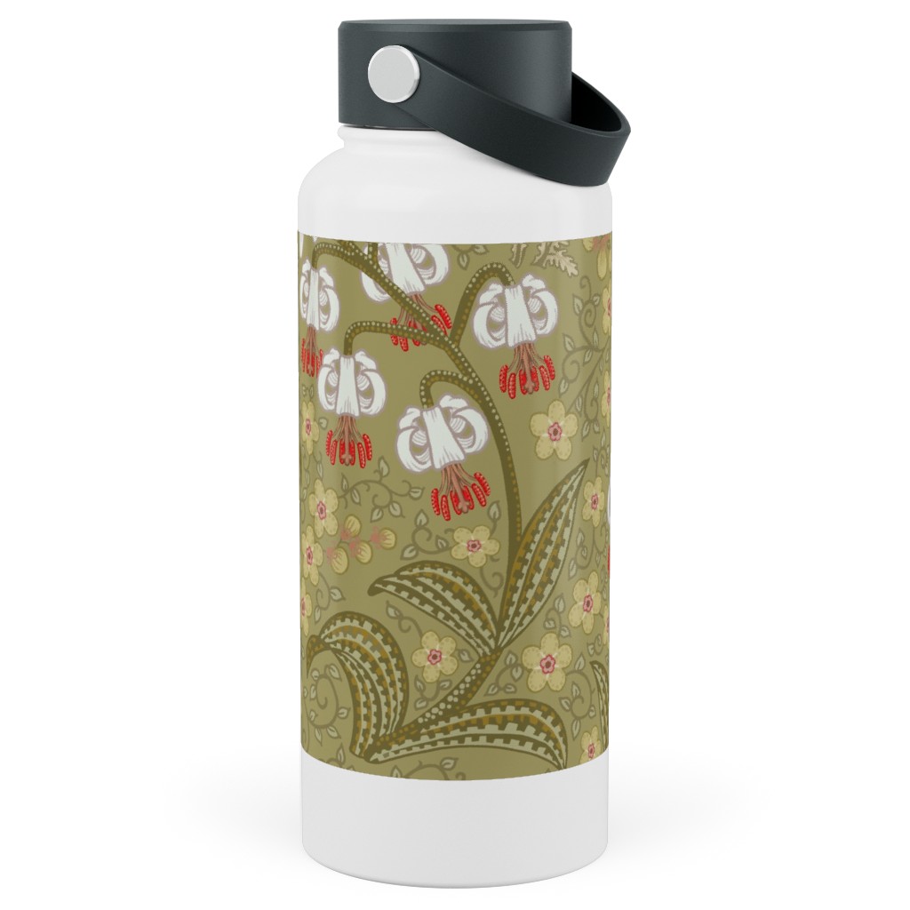 White Martagon Lilies - Olive Stainless Steel Wide Mouth Water Bottle, 30oz, Wide Mouth, Green