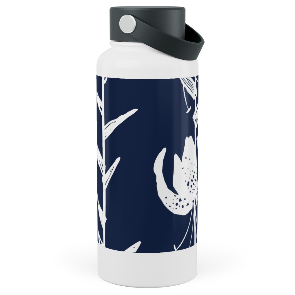 Lily Stripe - Blue Stainless Steel Wide Mouth Water Bottle, 30oz, Wide Mouth, Blue