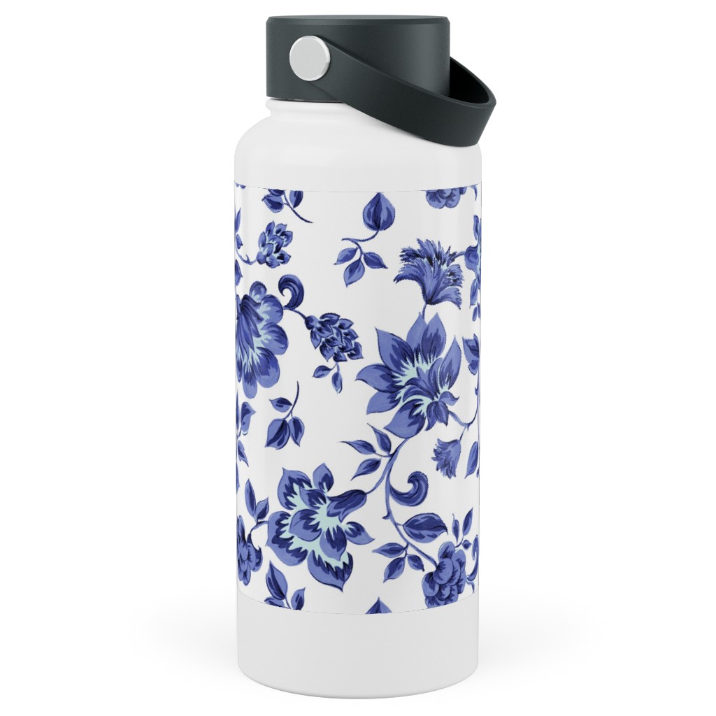 Fleurs De Provence - Blue and White Stainless Steel Wide Mouth Water Bottle, 30oz, Wide Mouth, Blue