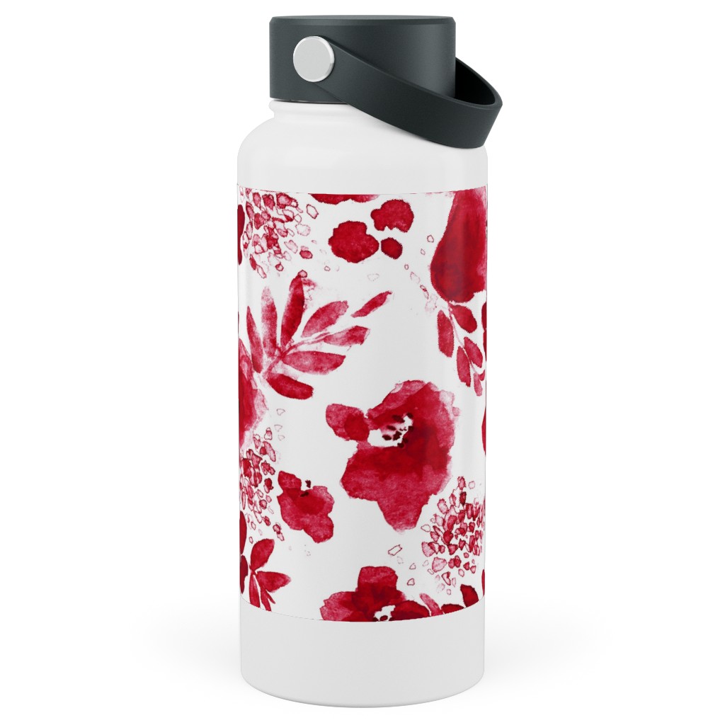 Floret Floral - Red Stainless Steel Wide Mouth Water Bottle, 30oz, Wide Mouth, Red