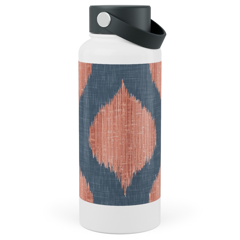 Lela Ikat - Navy and Coral Stainless Steel Wide Mouth Water Bottle, 30oz, Wide Mouth, Blue, True Blue