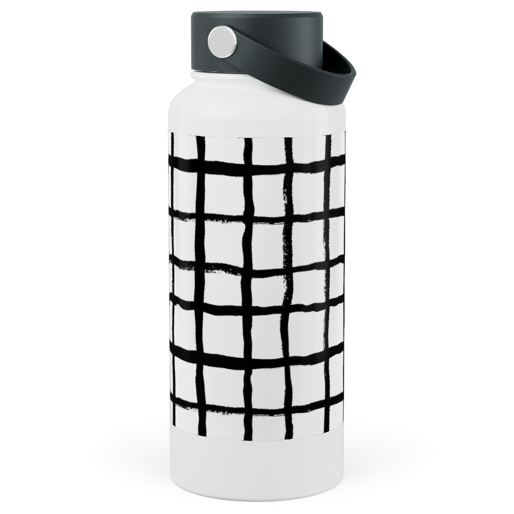 Simple Grid - Classic - Black and White Stainless Steel Wide Mouth Water Bottle, 30oz, Wide Mouth, Black