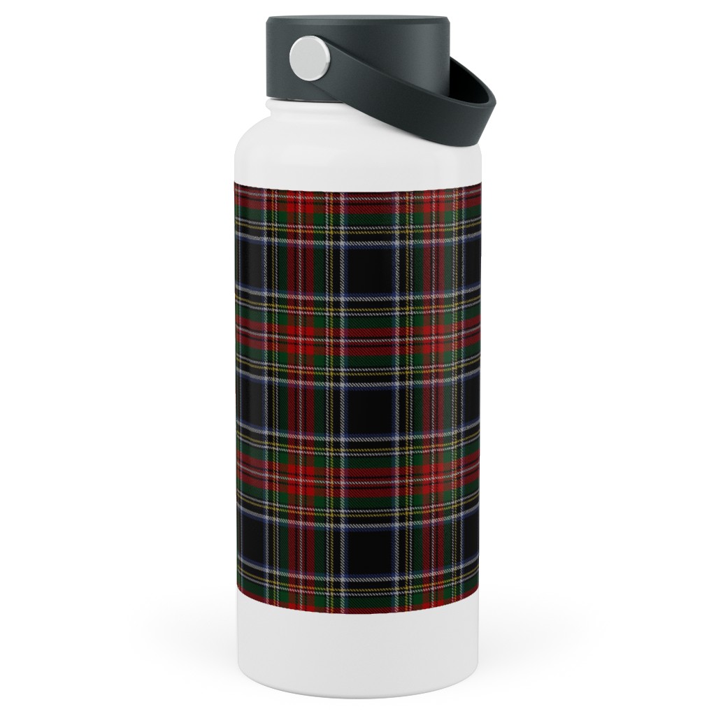 Black Stewart Tartan - Red Stainless Steel Wide Mouth Water Bottle, 30oz, Wide Mouth, Black, Black