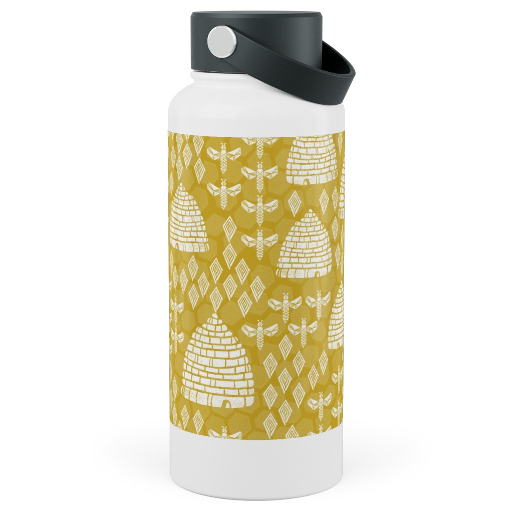 Bee Hives, Spring Florals Linocut Block Printed - Golden Yellow Stainless Steel Wide Mouth Water Bottle, 30oz, Wide Mouth, Yellow