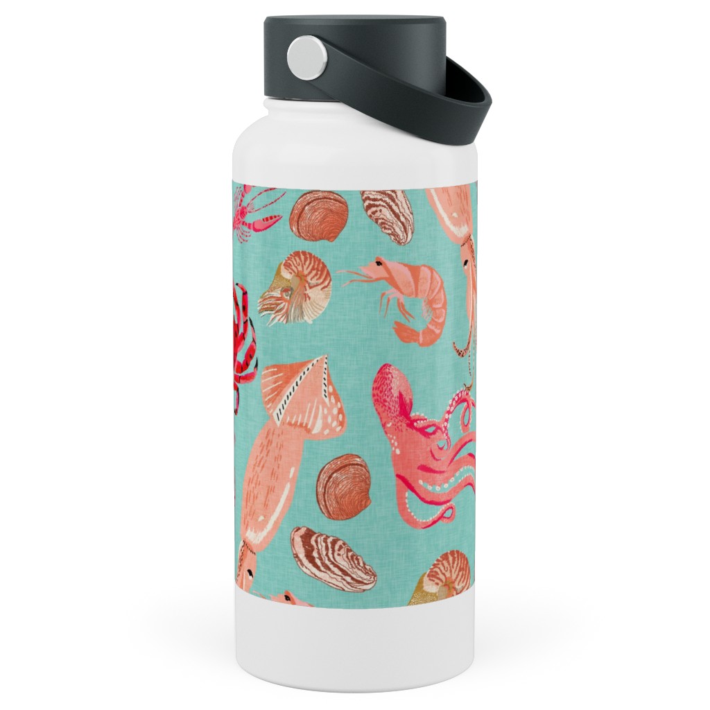 Ocean Creatures - Red on Green Stainless Steel Wide Mouth Water Bottle, 30oz, Wide Mouth, Red