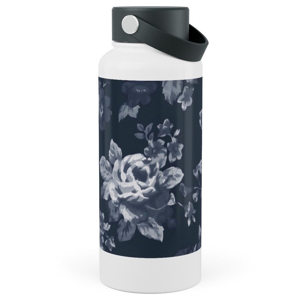 Navy Floral Stainless Steel Wide Mouth Water Bottle, 30oz, Wide Mouth, Blue