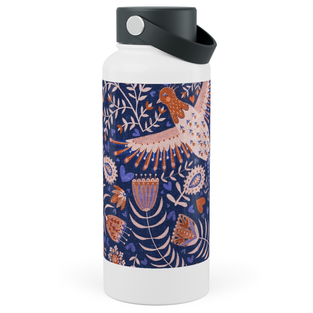 Swedish Folk Art Birds - Blue Stainless Steel Wide Mouth Water Bottle, 30oz, Wide Mouth, Blue
