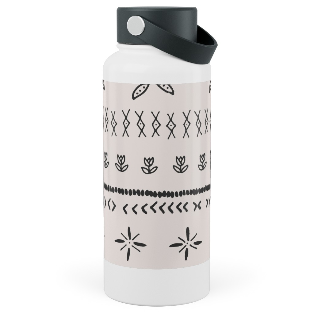 Boho Print Stainless Steel Wide Mouth Water Bottle, 30oz, Wide Mouth, Beige, Silver Lining