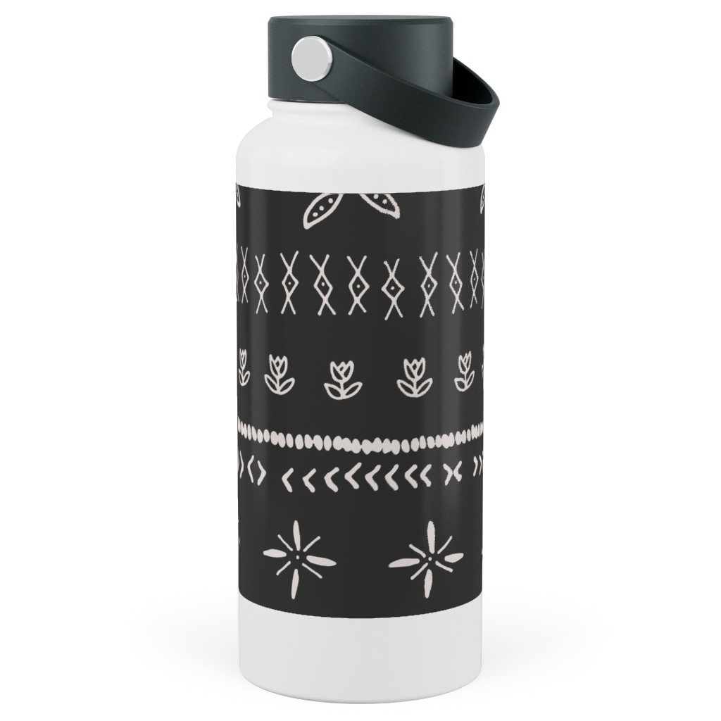 Boho Print Stainless Steel Wide Mouth Water Bottle, 30oz, Wide Mouth, Black