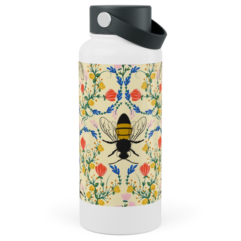Bee Garden - Multi on Cream Stainless Steel Wide Mouth Water Bottle, 30oz, Wide Mouth, Yellow
