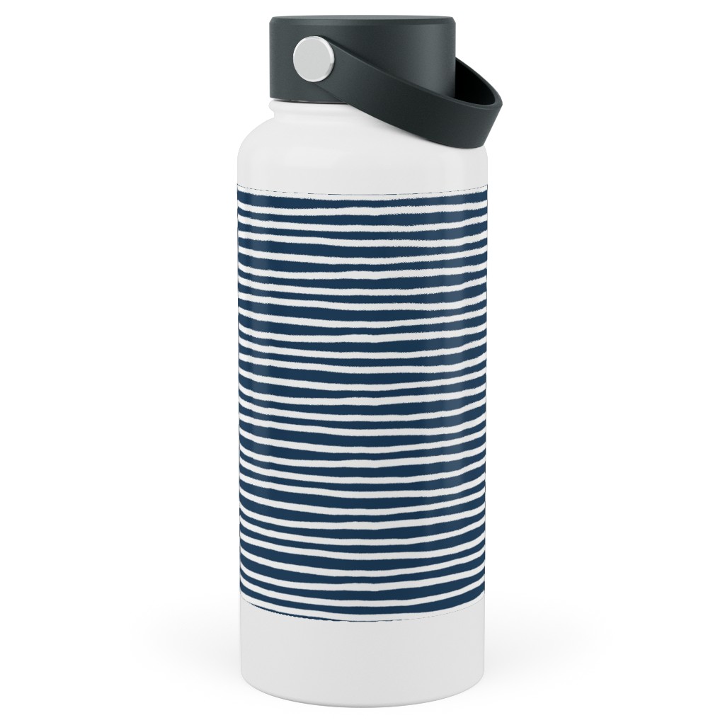 Navy Blue and White Stripes Stainless Steel Wide Mouth Water Bottle, 30oz, Wide Mouth, Blue, True Blue