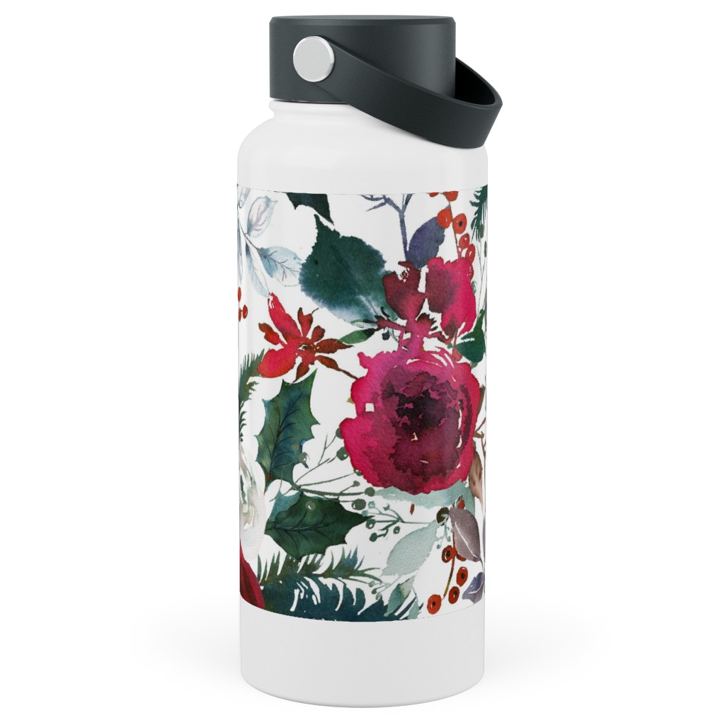 Holiday Florals Red on White Stainless Steel Wide Mouth Water Bottle, 30oz, Wide Mouth, Multicolor