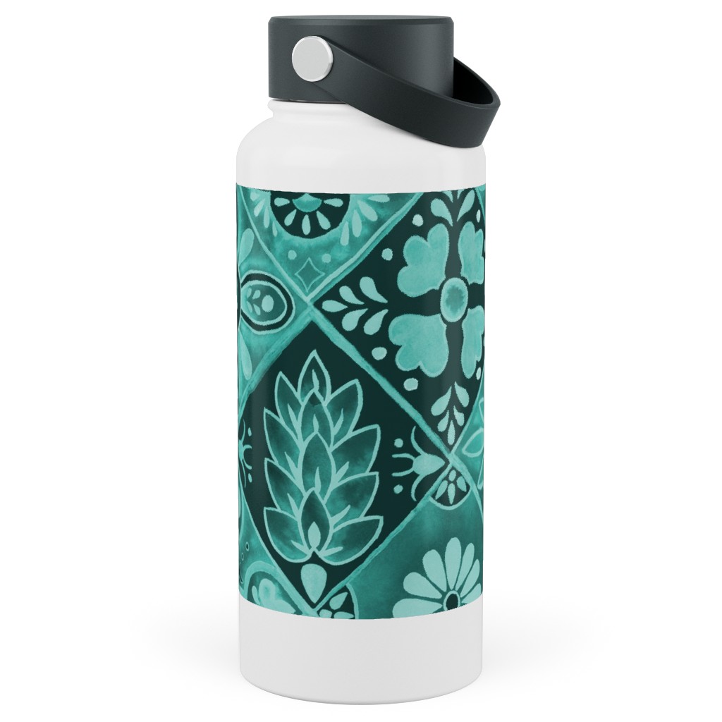 Watercolor Talavera Tiles Stainless Steel Wide Mouth Water Bottle, 30oz, Wide Mouth, Green, Classic Green