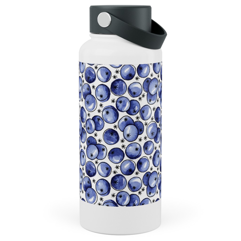 Watercolor Blueberries Stainless Steel Wide Mouth Water Bottle, 30oz, Wide Mouth, Blue, True Blue