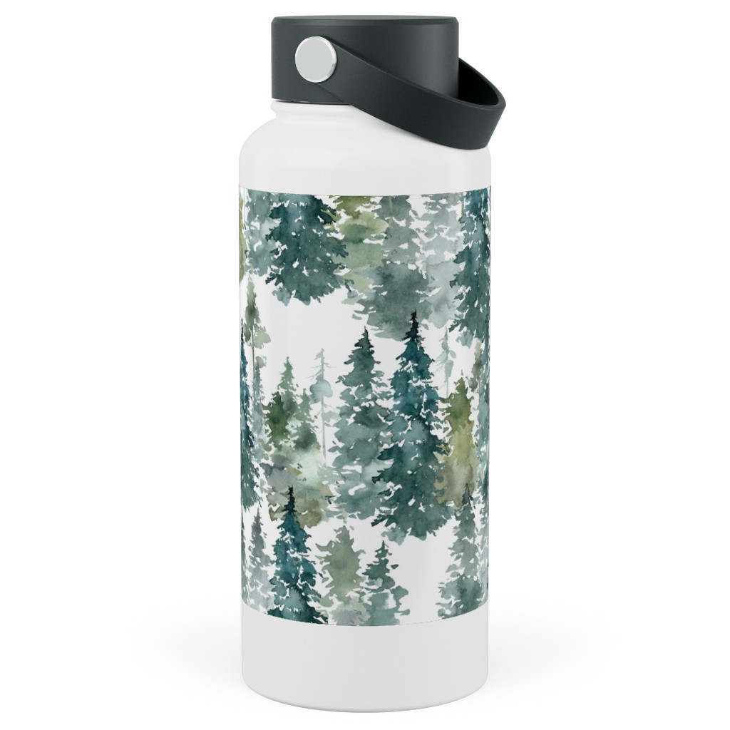 Woodland Trees Watercolor - White Stainless Steel Wide Mouth Water Bottle, 30oz, Wide Mouth, Green