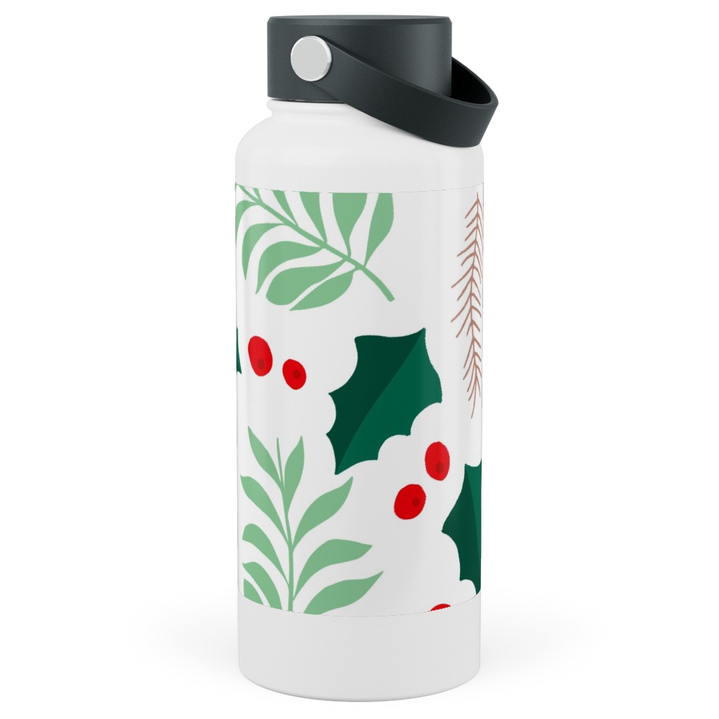 Botanical Christmas Garden Pine Leaves Holly Branch Berries - Green and Red Stainless Steel Wide Mouth Water Bottle, 30oz, Wide Mouth, Green