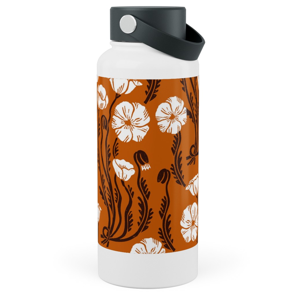 Poppy, Fall Harvest Block Printed Vintage Florals Stainless Steel Wide Mouth Water Bottle, 30oz, Wide Mouth, Orange