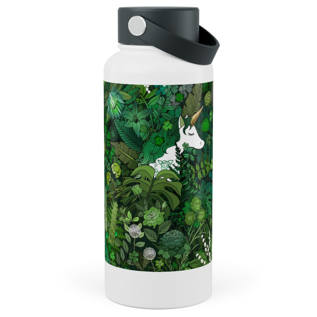 Irish Unicorn in a Green Garden Stainless Steel Wide Mouth Water Bottle, 30oz, Wide Mouth, Green