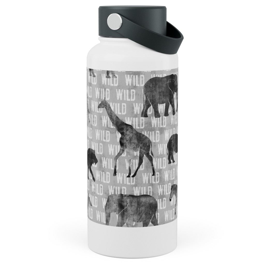 Wild Safari Animals - Grey Stainless Steel Wide Mouth Water Bottle, 30oz, Wide Mouth, Gray, Gray