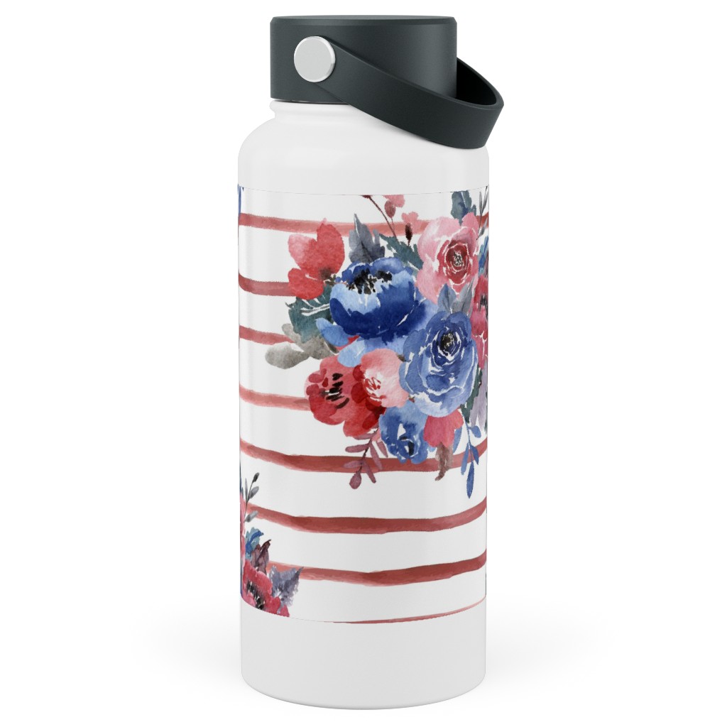 Freedom Florals With Red Stripes - Multi Stainless Steel Wide Mouth Water Bottle, 30oz, Wide Mouth, Red, Red