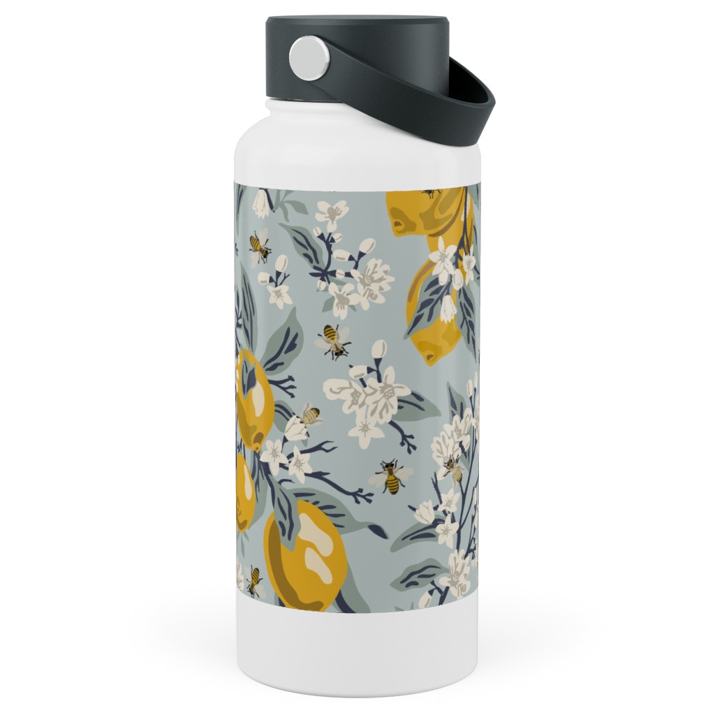 Bees, Blossoms & Lemons Blue Stainless Steel Wide Mouth Water Bottle
