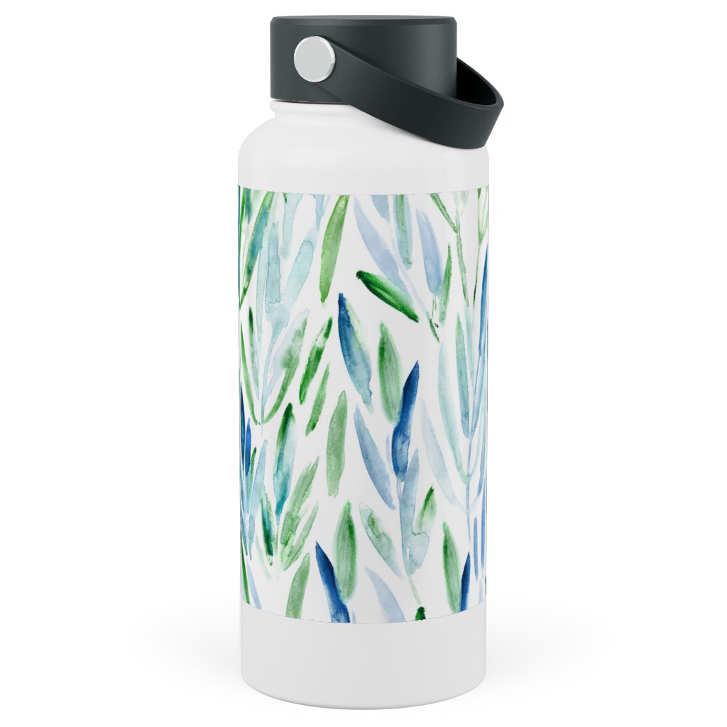 Watercolor Eucalyptus Leaves - Blue and Green Stainless Steel Wide Mouth Water Bottle, 30oz, Wide Mouth, Green