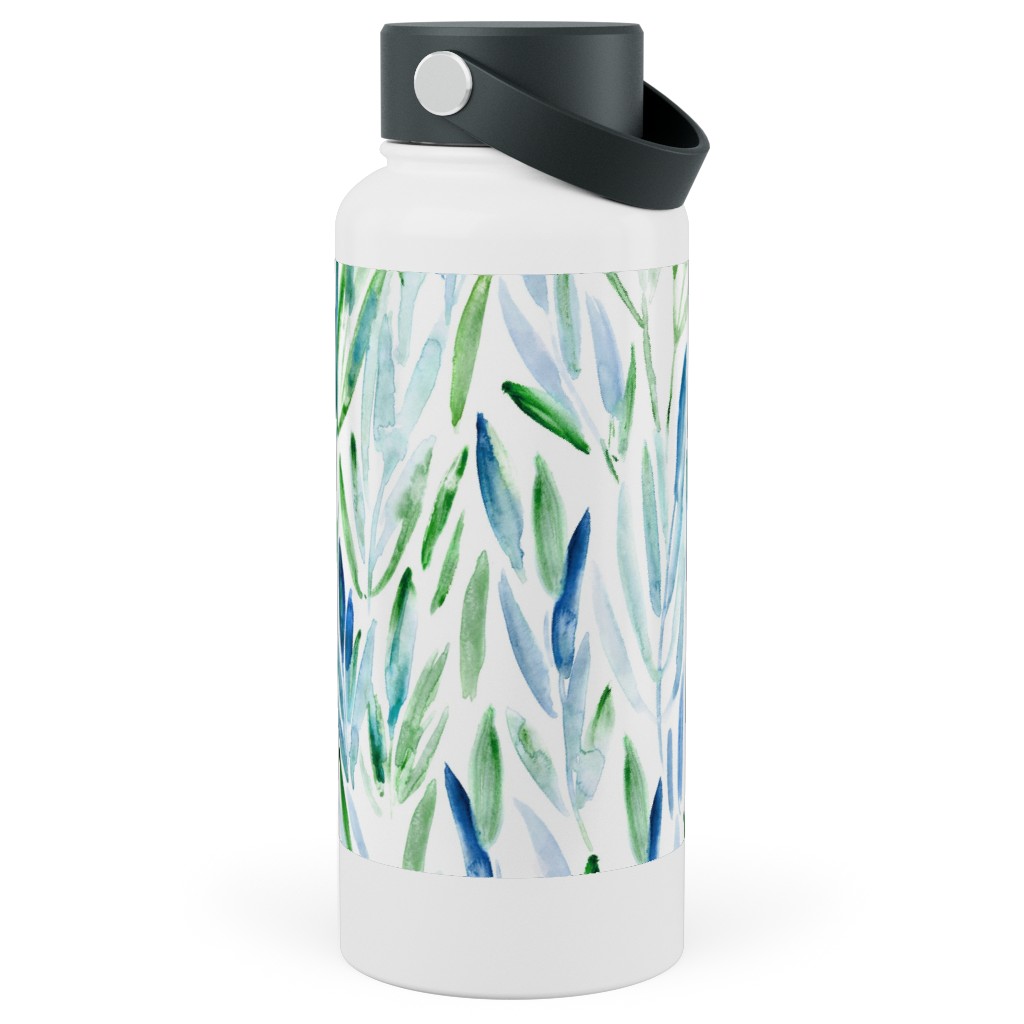 Watercolor Eucalyptus Leaves - Blue and Green Stainless Steel Wide Mouth Water Bottle, 30oz, Wide Mouth, Green, Classic Green
