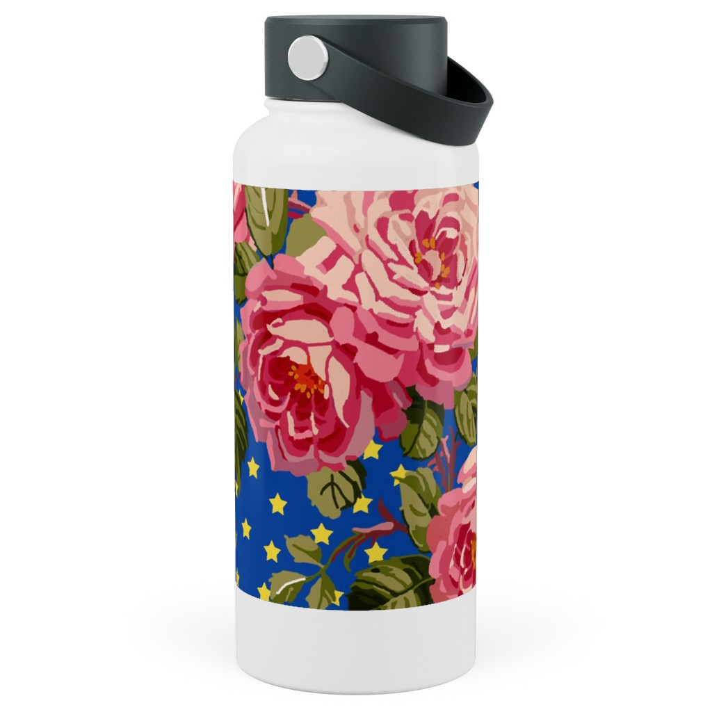 Americana Summer Roses - Blue Stainless Steel Wide Mouth Water Bottle, 30oz, Wide Mouth, Blue