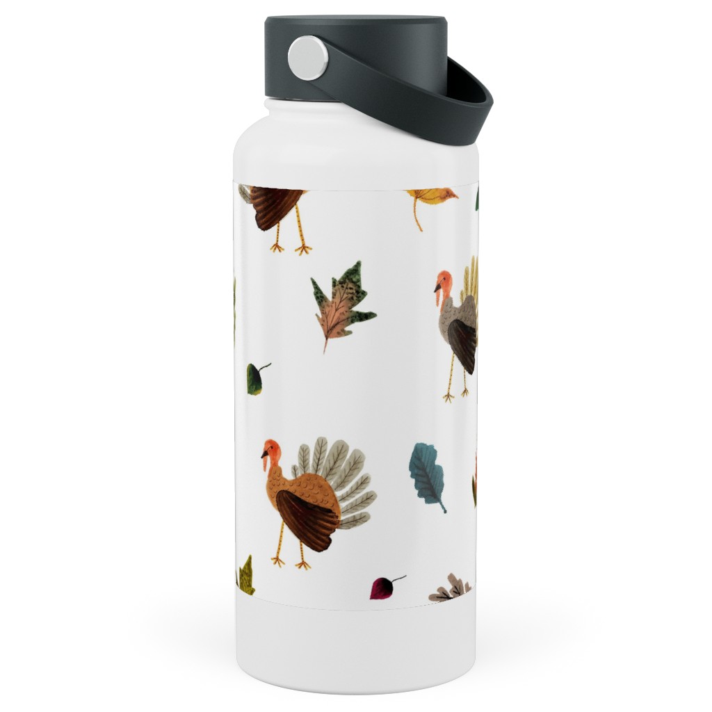 Fall Thanksgiving Turkeys on White Stainless Steel Wide Mouth Water Bottle, 30oz, Wide Mouth, White