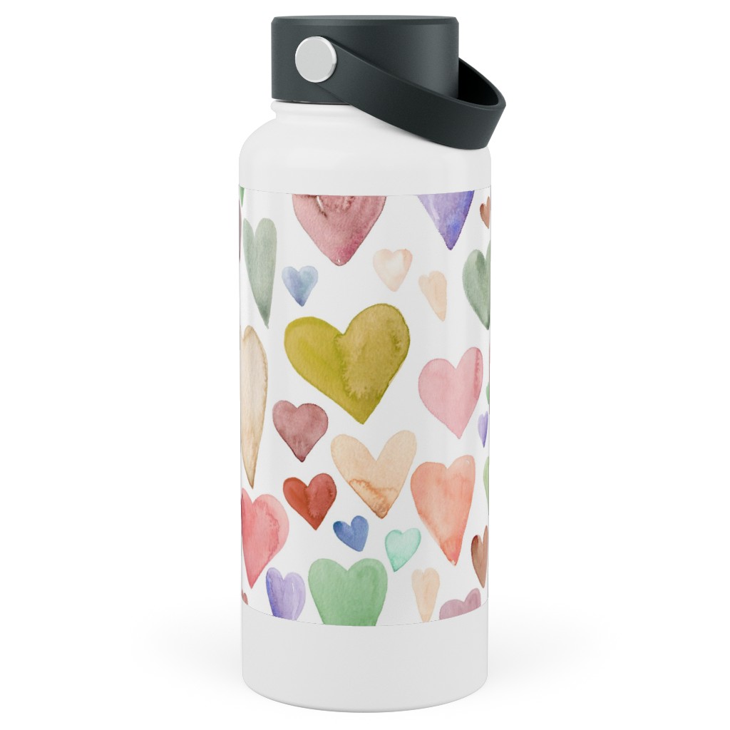 Earth Tone Hearts - Multi Muted Stainless Steel Wide Mouth Water Bottle, 30oz, Wide Mouth, Multicolor