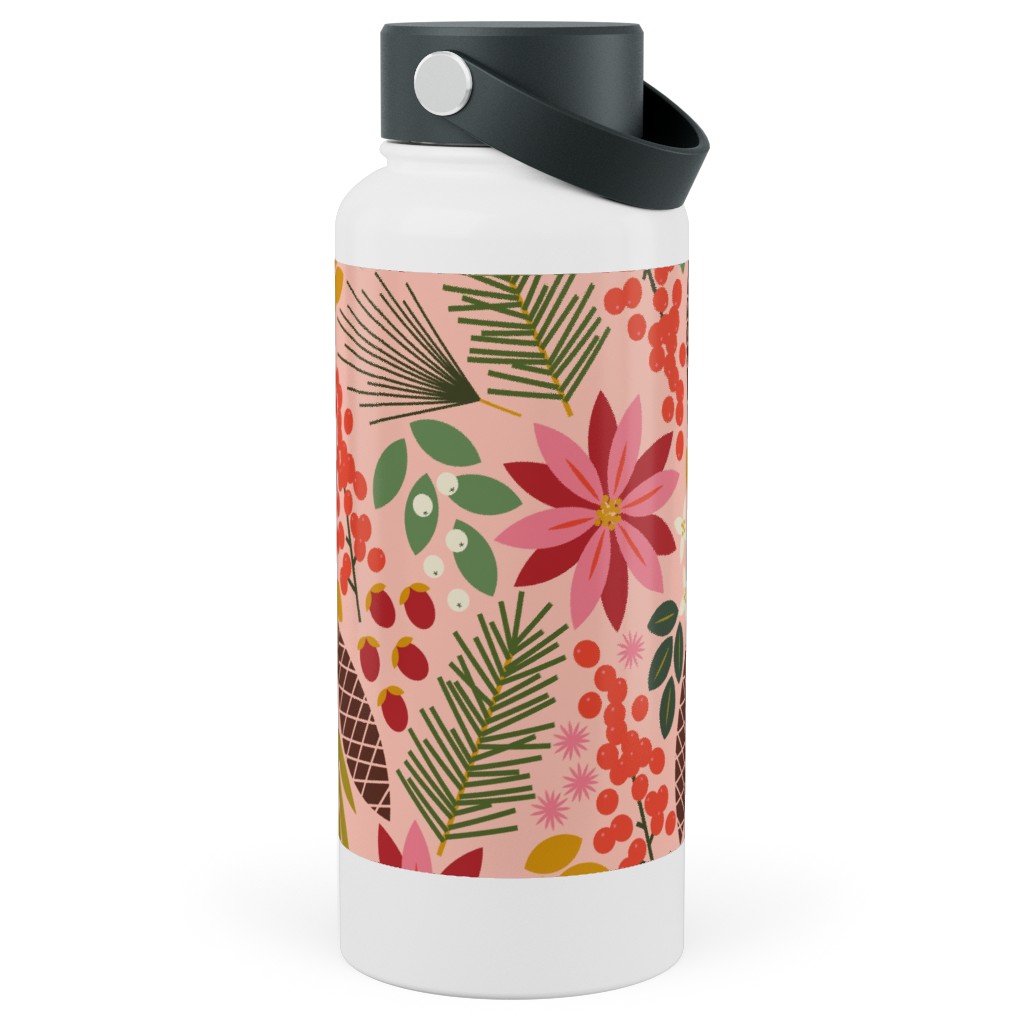 Pinecones and Berries - Pink Stainless Steel Wide Mouth Water Bottle, 30oz, Wide Mouth, Pink, Bright Pink