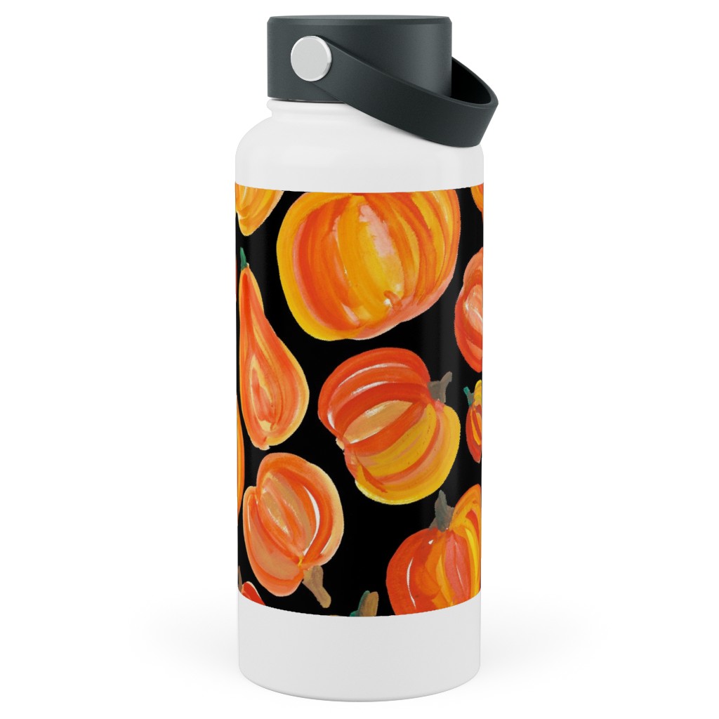 Watercolor Pumpkins - Black Stainless Steel Wide Mouth Water Bottle, 30oz, Wide Mouth, Orange, Orange