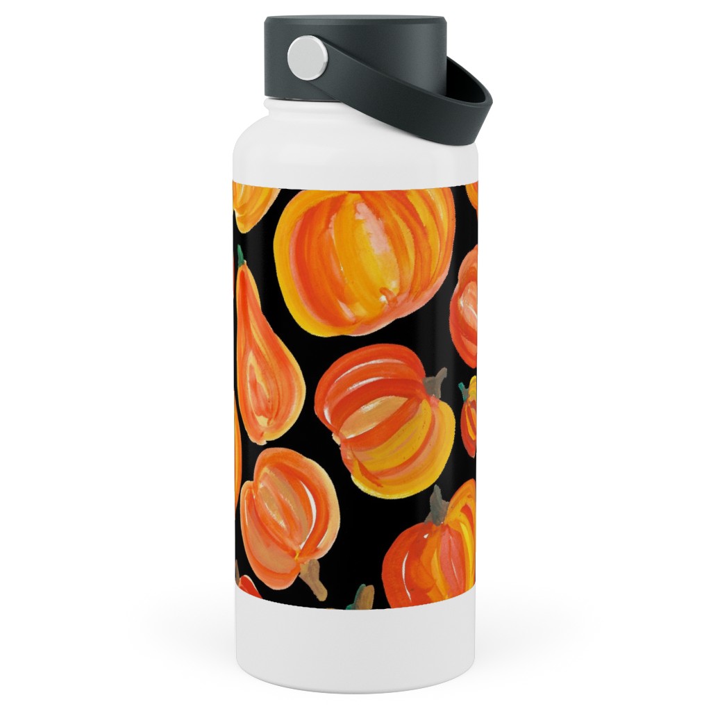 Watercolor Pumpkins - Black Stainless Steel Wide Mouth Water Bottle, 30oz, Wide Mouth, Orange