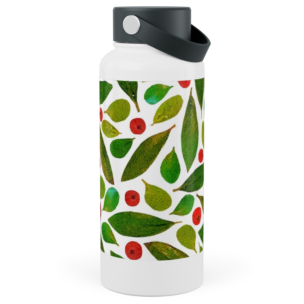 Holiday Greens and Berries Stainless Steel Wide Mouth Water Bottle, 30oz, Wide Mouth, Green