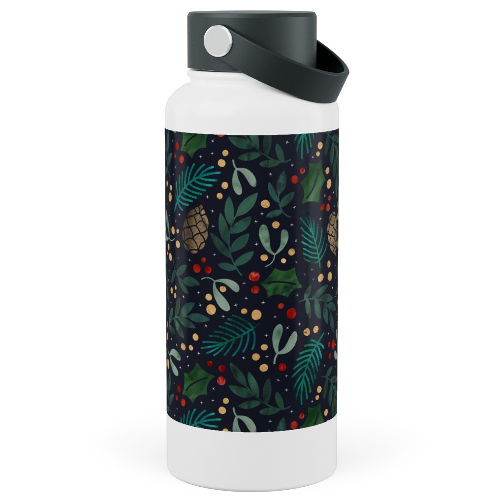 Christmas Florals - Dark Green Stainless Steel Wide Mouth Water Bottle, 30oz, Wide Mouth, Green
