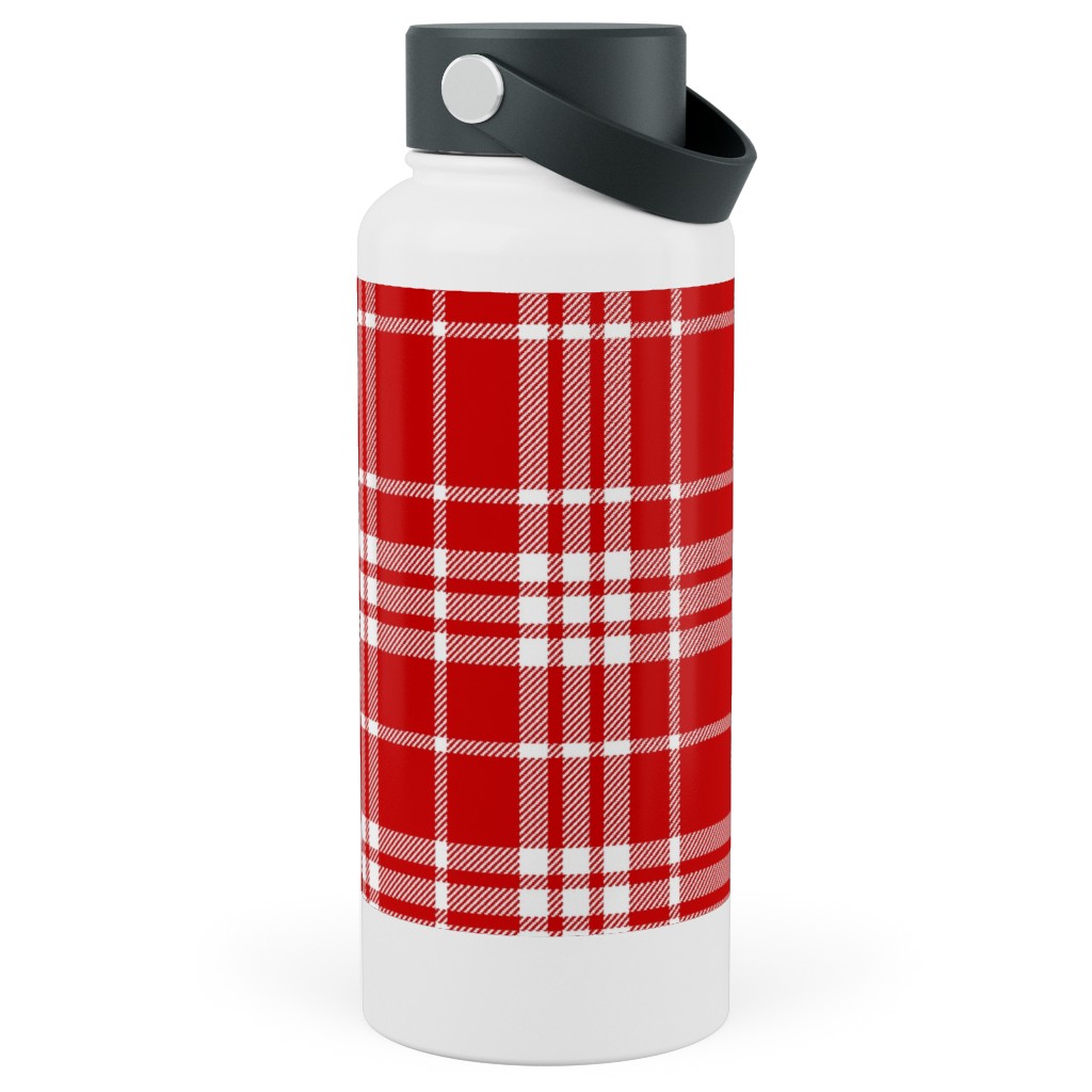 Tartan Check Stainless Steel Wide Mouth Water Bottle, 30oz, Wide Mouth, Red, Red